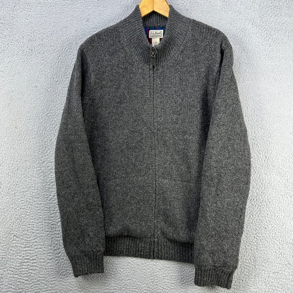 L.L. Bean Lambs Wool Sweater Jacket Mens Large‎ Gray Full Zip Knit Flannel Lined